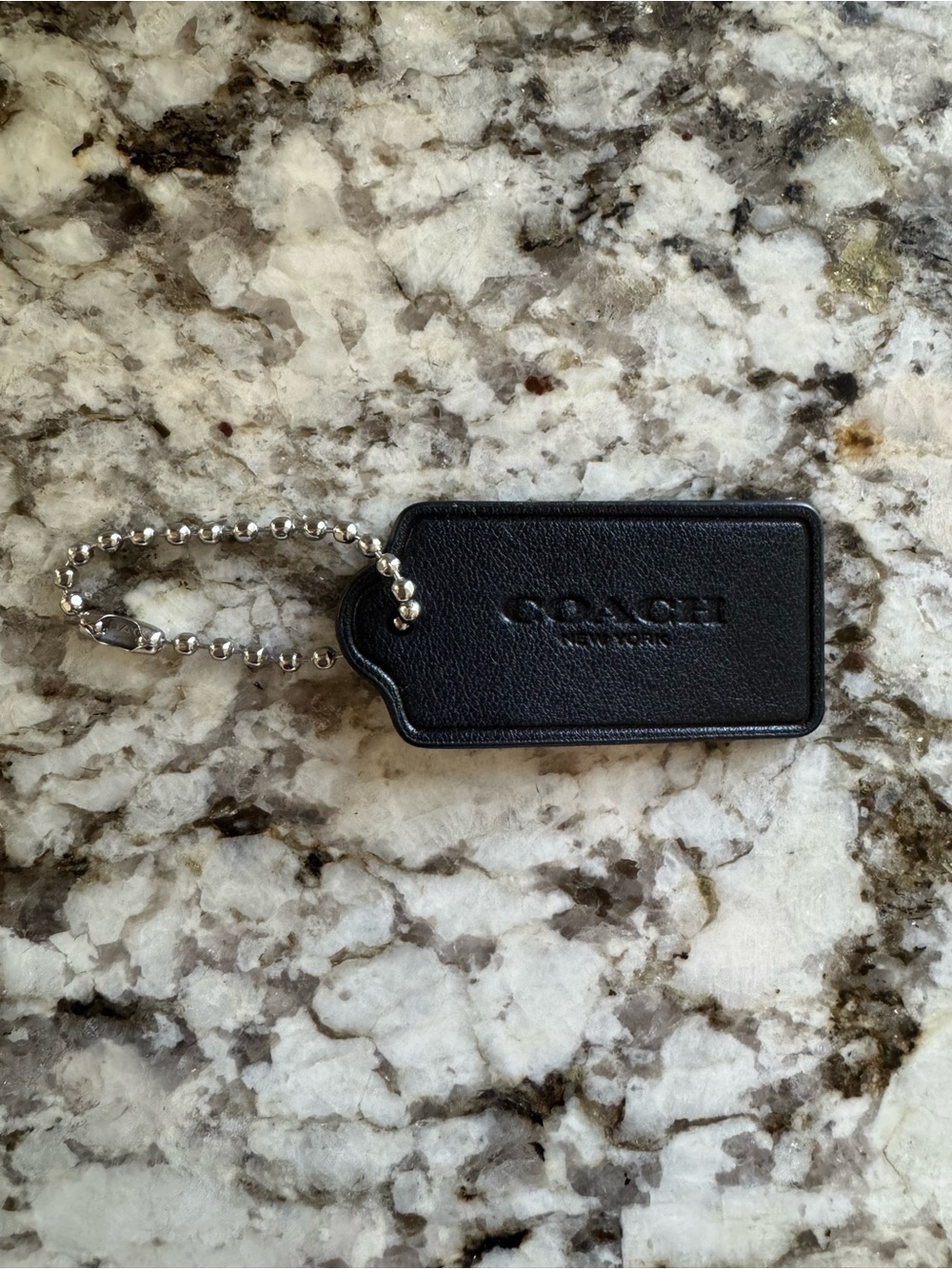 Coach Black Leather Logo Tag Keychain with Silver Ball Chain Bag Tag